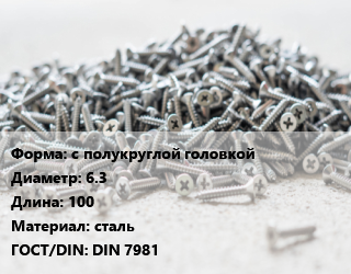 Шуруп с полукруглой головкой 6.3х100 сталь ГОСТ: DIN 7981, упаковка 1000 шт цена от 4414 сом / кг, где купить, условия доставки в Оше и Ошской области